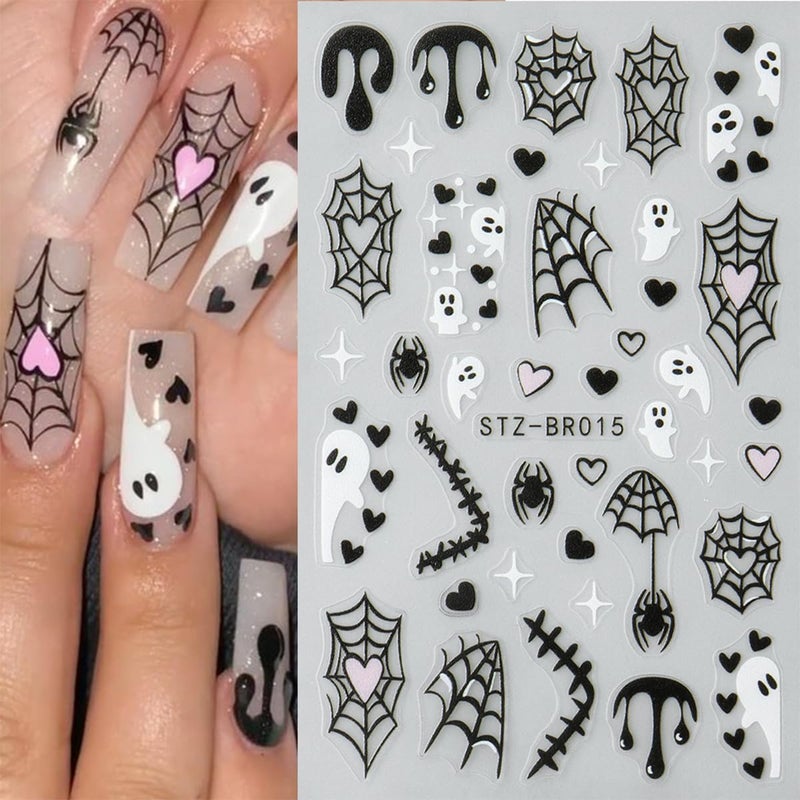 OSTTMA 6Pcs Halloween Nail Stickers for Nail Art, Bat Spiders Nail Art Stickers Spider Web Black Rose Skull Ghost Nails Design Decals Halloween Nail Supplies for Women DIY Manicure Decoration Accessories - Image 3
